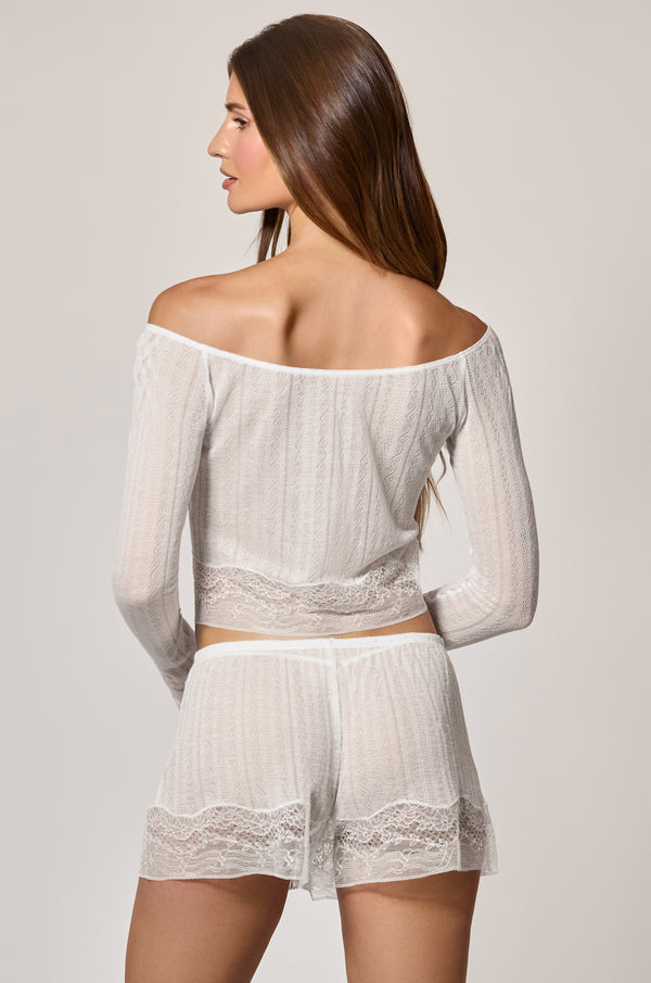 Kiki De Montparnasse Pointelle Off Shoulder Cropped Cardigan Ivory