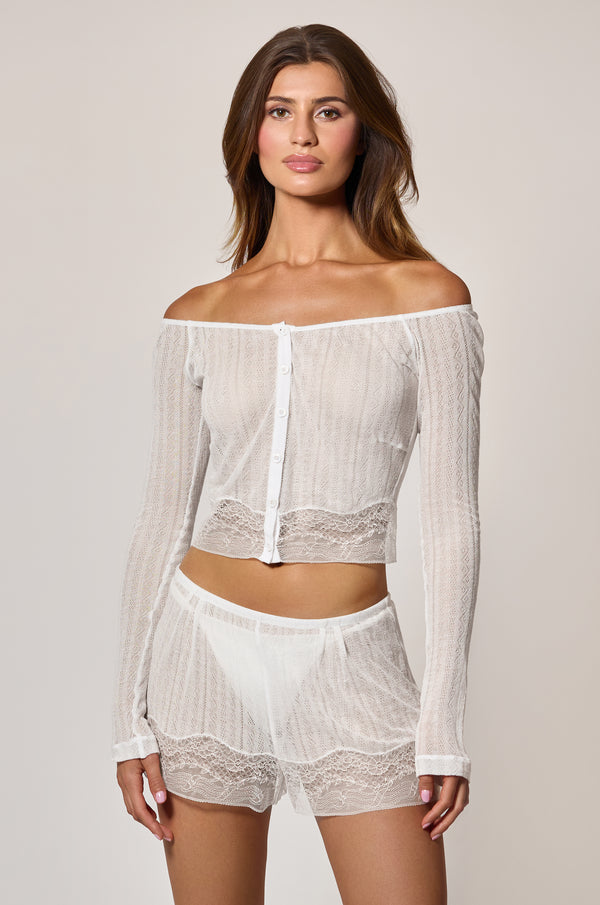kiki de montparnasse pointelle off shoulder cropped cardigan ivory