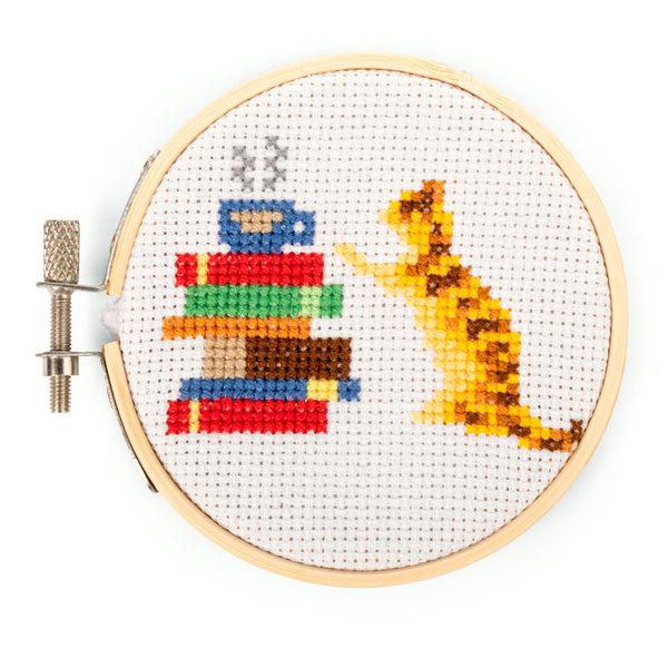 kikkerland Cat and Books Mini Cross Stitch Embroidery