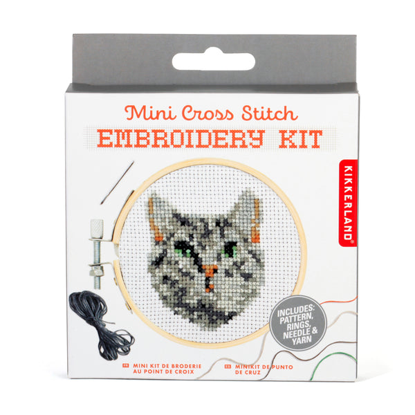 Kikkerland Tabby Cat Mini Cross Stitch Embroidery Kit