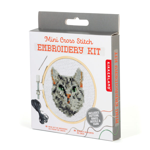 Kikkerland Tabby Cat Mini Cross Stitch Embroidery Kit