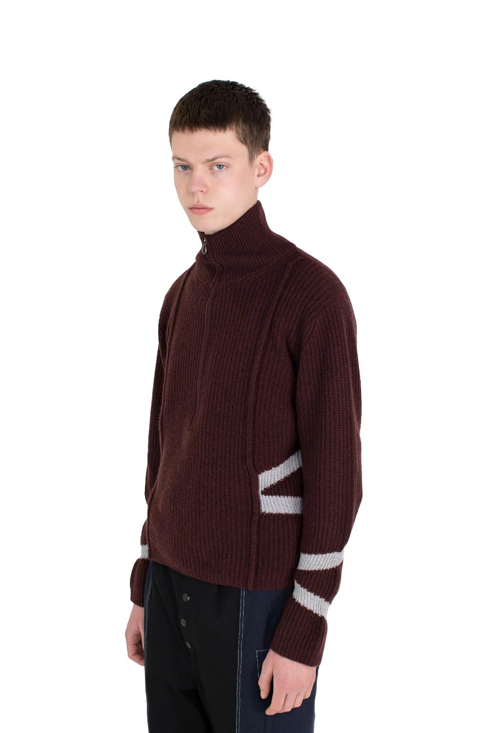 Kiko Kostadinov Exclusive – BOURDAIN ZIP INTARSIA JUMPER - MAROON/SILVER