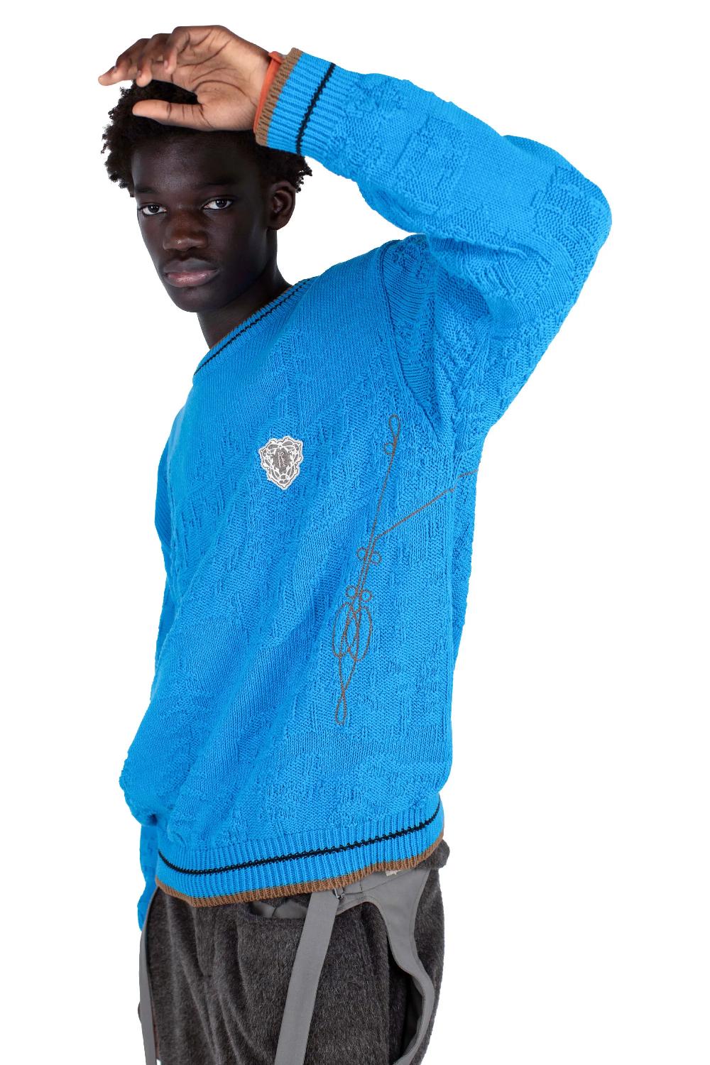 Kiko Kostadinov FITZ KNIT JUMPER - CERULEAN/RUSSET BROWN/BLACK