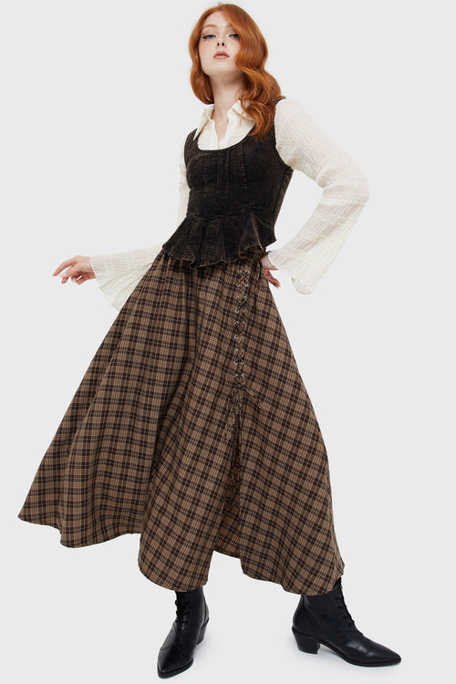 killstar Haven Hollow Skirt [BROWN TARTAN] Brown Tartan