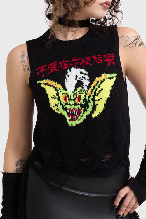 Killstar Gremlin Stripe Distressed Knit Vest Black