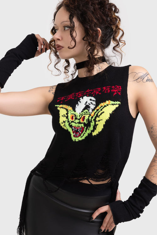Killstar Gremlin Stripe Distressed Knit Vest Black