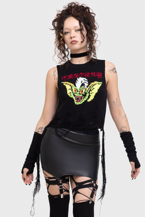 Killstar Gremlin Stripe Distressed Knit Vest Black