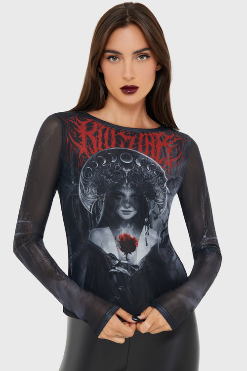 killstar Grimalkins Glass Mesh Top Black/Red