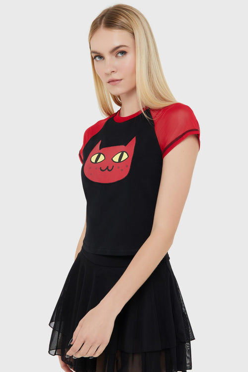 Killstar Marceline Kitty Crop T Shirt Grey/Red