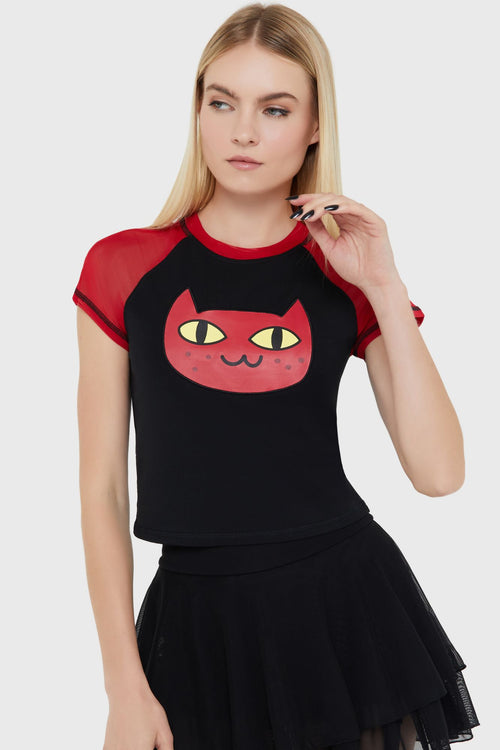 killstar Marceline Kitty Crop T Shirt Grey/Red