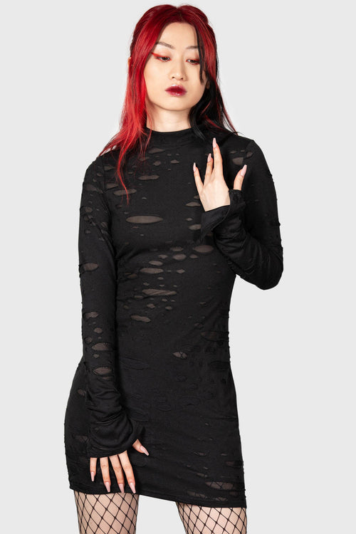 killstar Sinners Glimmer Long Sleeve Dress Black