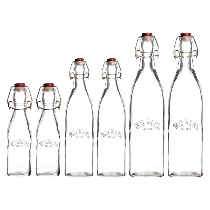 Kilner Square Clip Top Bottles-Set Of 6 (2 Each Of 9oz 16oz 34oz)