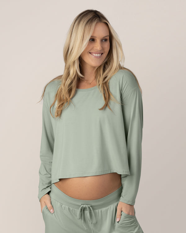 kindred bravely Aria Bamboo Casual Cropped Long Sleeve Top Aqua Mist