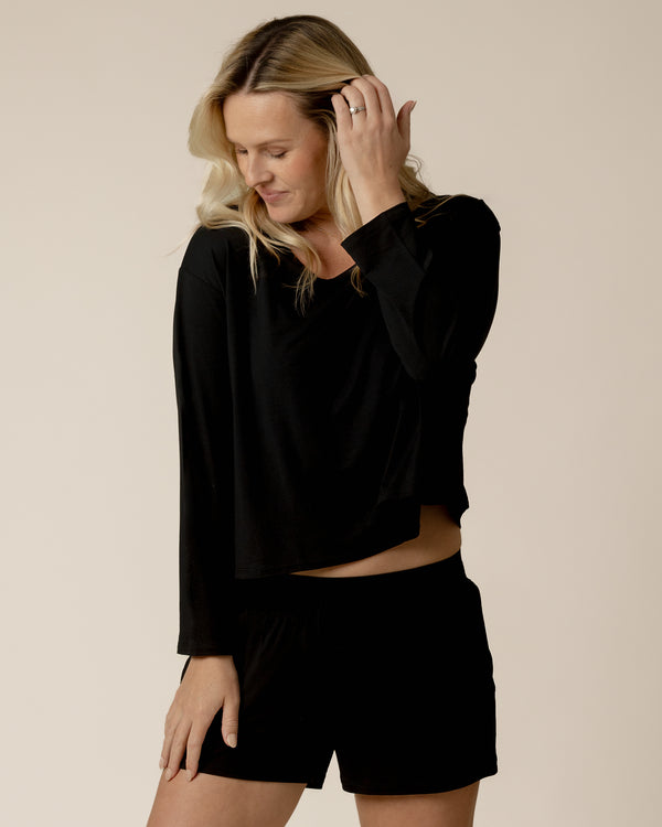 Kindred Bravely Aria Bamboo Casual Cropped Long Sleeve Top Black