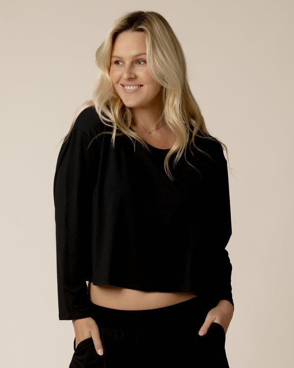 kindred bravely Aria Bamboo Casual Cropped Long Sleeve Top Black