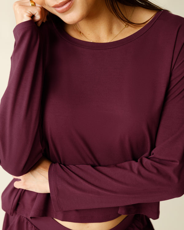 Kindred Bravely Aria Bamboo Casual Cropped Long Sleeve Top Deep Burgundy