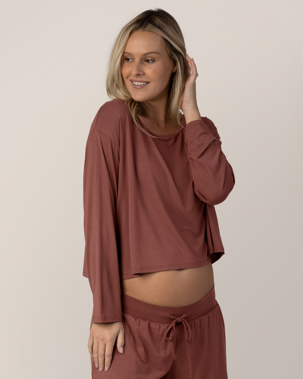Kindred Bravely Aria Bamboo Casual Cropped Long Sleeve Top Redwood