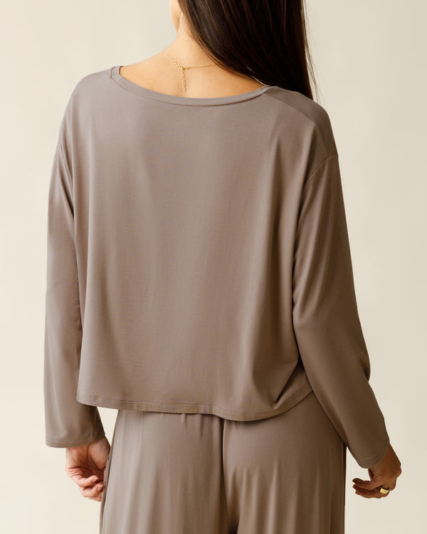 Kindred Bravely Aria Bamboo Casual Cropped Long Sleeve Top Taupe