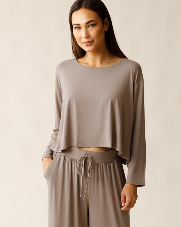 kindred bravely Aria Bamboo Casual Cropped Long Sleeve Top Taupe