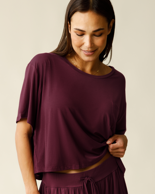 kindred bravely Aria Bamboo Casual Cropped Short Sleeve Top Deep Burgundy