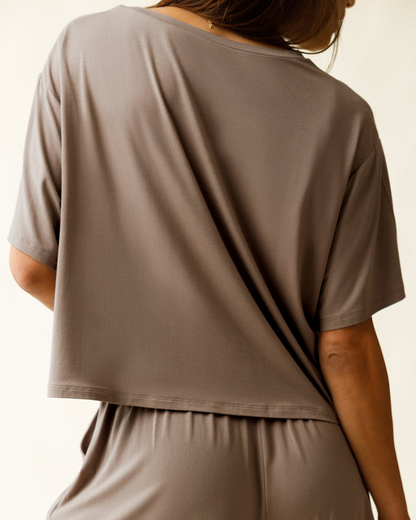 Kindred Bravely Aria Bamboo Casual Cropped Short Sleeve Top Taupe