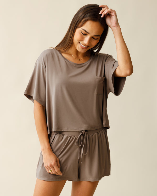 Kindred Bravely Aria Bamboo Casual Cropped Short Sleeve Top Taupe