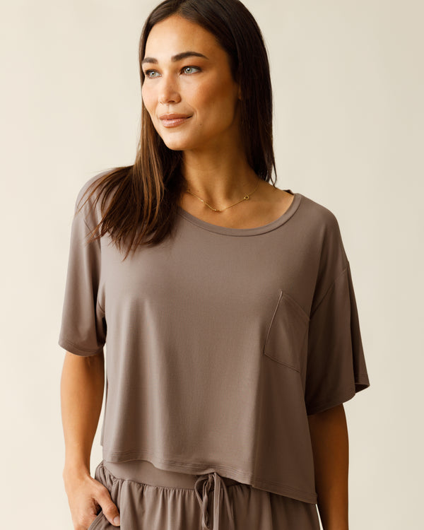 kindred bravely Aria Bamboo Casual Cropped Short Sleeve Top Taupe