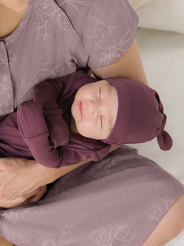 Kindred Bravely Baby Knotted Gown & Hat Set Burgundy Plum