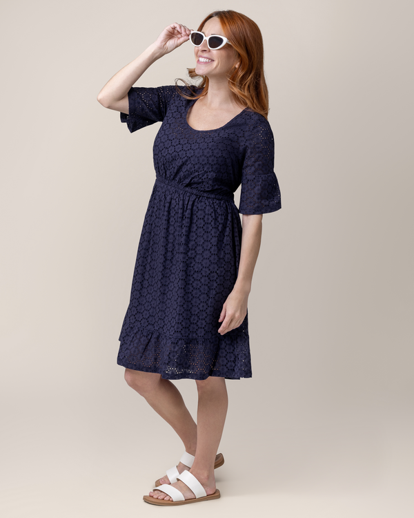 Kindred Bravely Dahlia Eyelet Maternity & Nursing Dress Navy