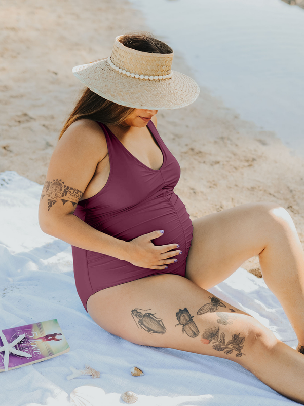 Kindred Bravely Gathered Maternity One Piece Swimsuit Maroon