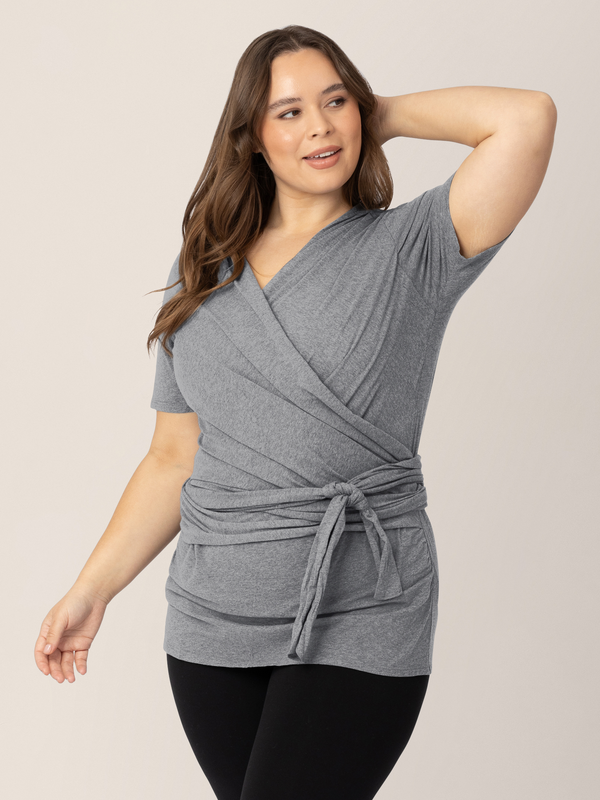 Kindred Bravely Organic Cotton Skin To Skin Short Sleeve Wrap Top Charcoal Grey Heather