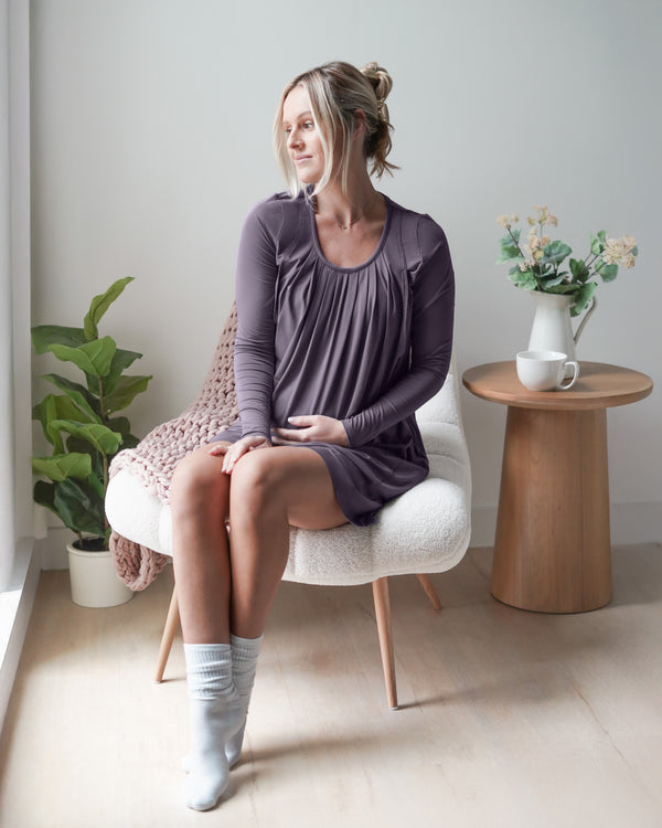 Kindred Bravely Quinn Bamboo Long Sleeve Maternity & Nursing Nightgown Granite