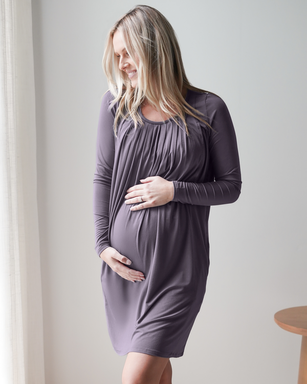 kindred bravely Quinn Bamboo Long Sleeve Maternity & Nursing Nightgown Granite