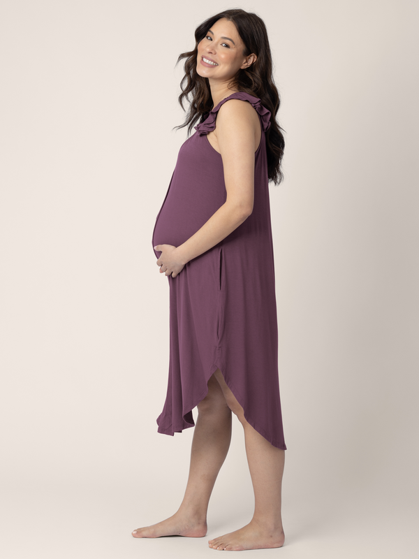 Kindred Bravely Ruffle Strap Labor & Delivery Gown Burgundy Plum