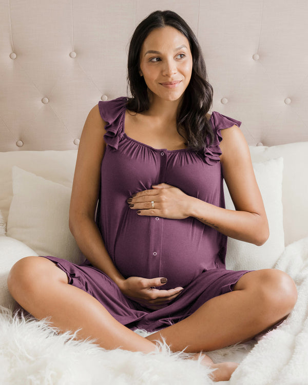 kindred bravely Ruffle Strap Labor & Delivery Gown Burgundy Plum