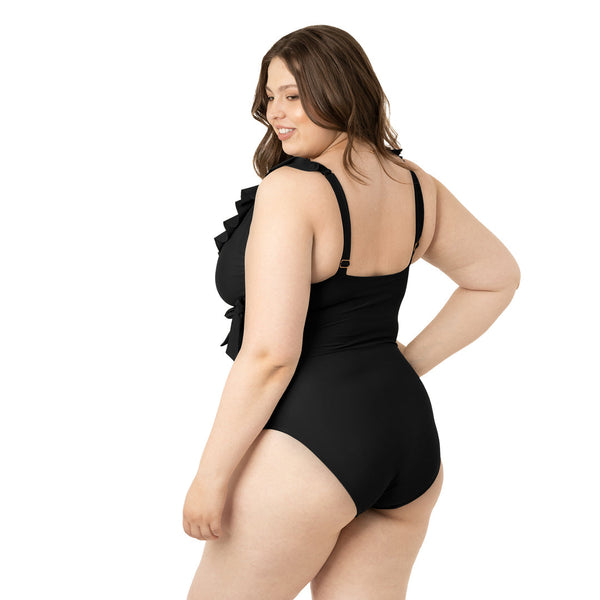 Kindred Bravely Ruffle Wrap Maternity & Nursing One Piece Swimsuit Black