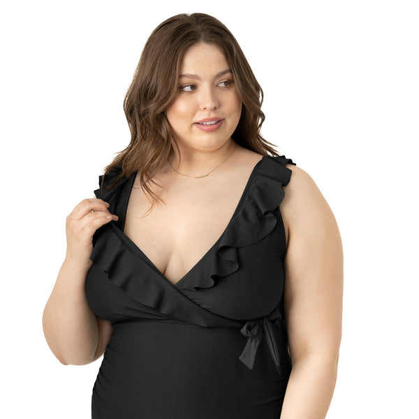 Kindred Bravely Ruffle Wrap Maternity & Nursing One Piece Swimsuit Black
