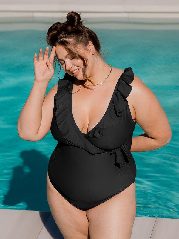 kindred bravely Ruffle Wrap Maternity & Nursing One Piece Swimsuit Black