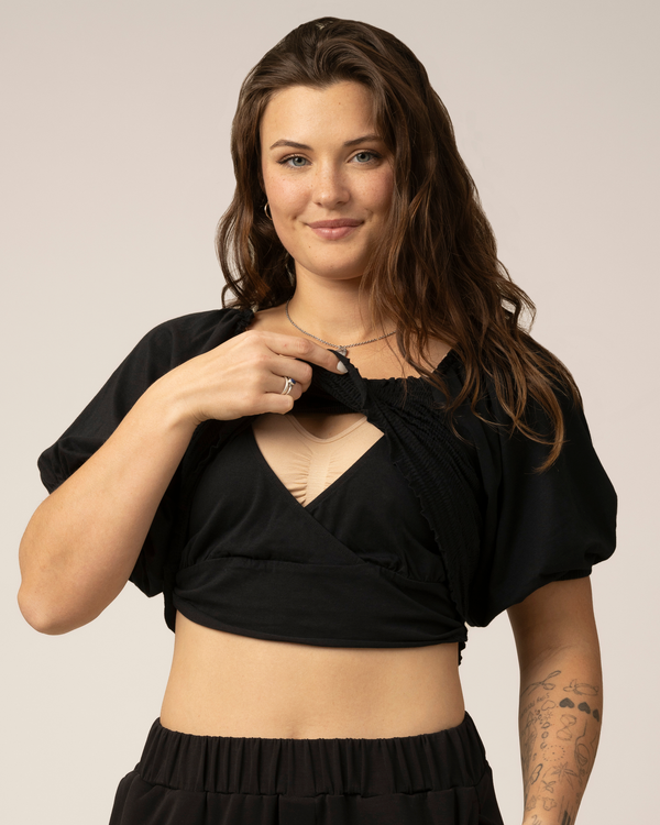 Kindred Bravely Sophia Smocked Cropped Nursing Top Black