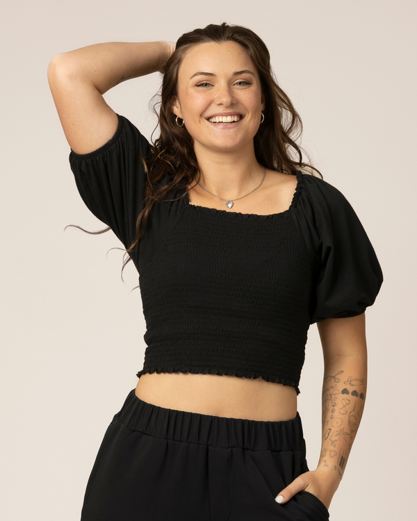 Kindred Bravely Sophia Smocked Cropped Nursing Top Black