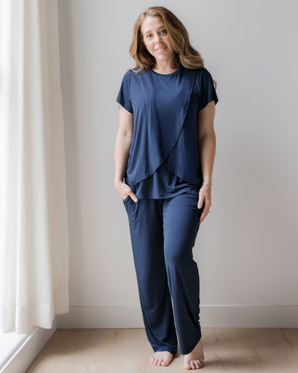 kindred bravely Tulip Hem Short Sleeve Maternity & Nursing Pajama Set Navy