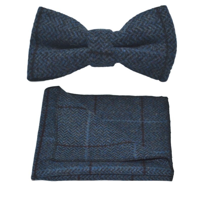 king & priory Aegean Blue Herringbone Check Bow Tie & Pocket Square Set