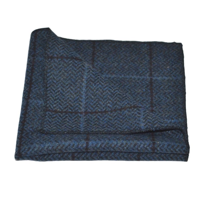 King & Priory Aegean Blue Herringbone Check Tie & Pocket Square Set