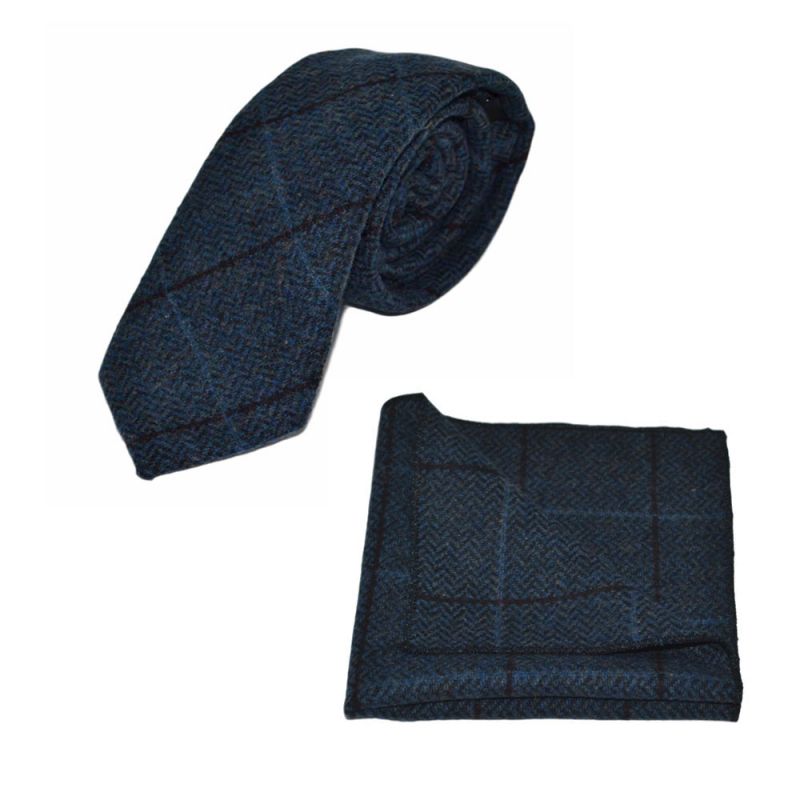 king & priory Aegean Blue Herringbone Check Tie & Pocket Square Set