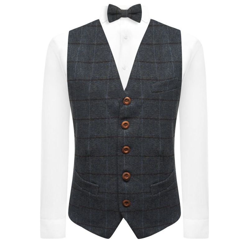 King & Priory Aegean Blue Herringbone Check Waistcoat