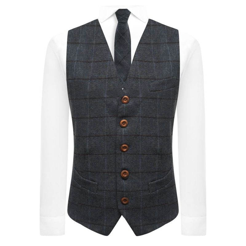 King & Priory Aegean Blue Herringbone Check Waistcoat
