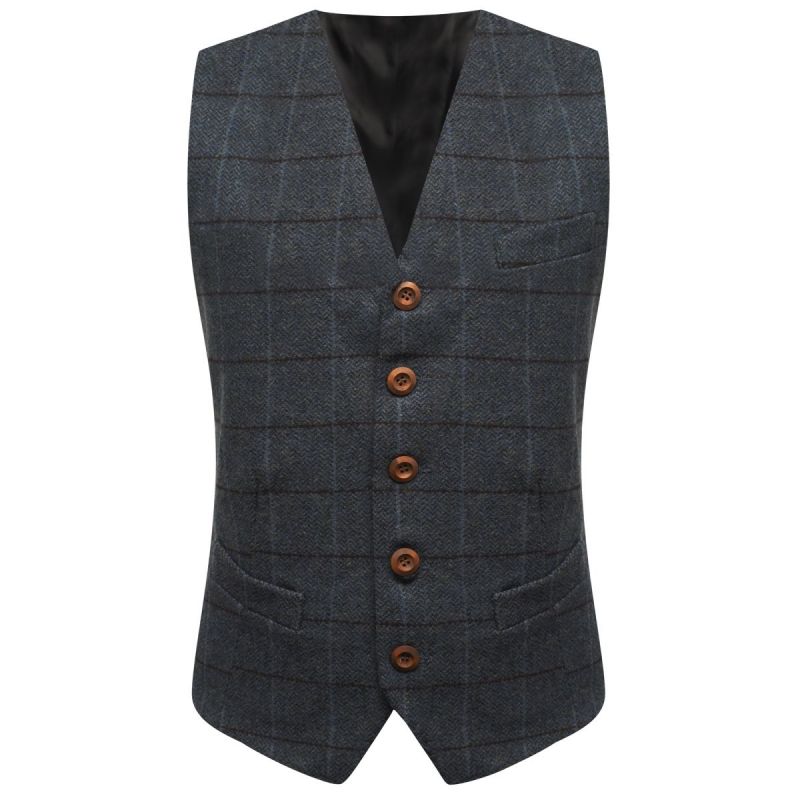 King & Priory Aegean Blue Herringbone Check Waistcoat