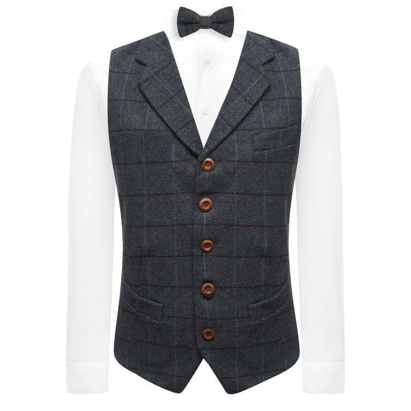 King & Priory Aegean Blue Herringbone Check Waistcoat With Lapel