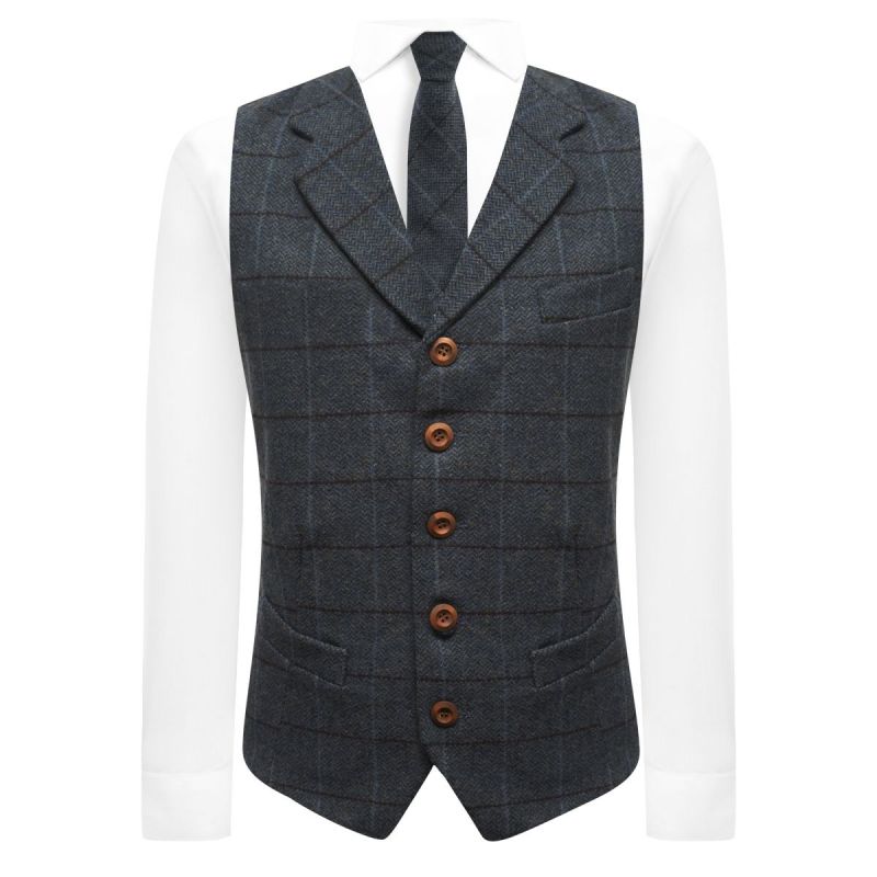 King & Priory Aegean Blue Herringbone Check Waistcoat With Lapel