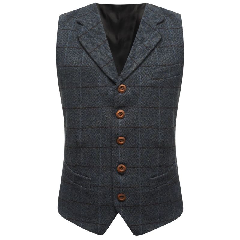 King & Priory Aegean Blue Herringbone Check Waistcoat With Lapel